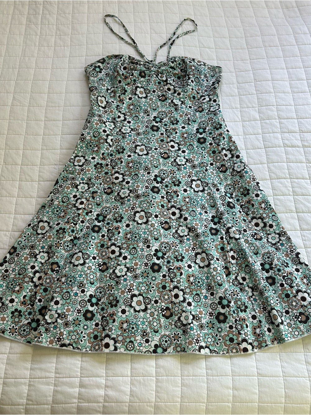 vintage lapis blue and brown floral halter dress